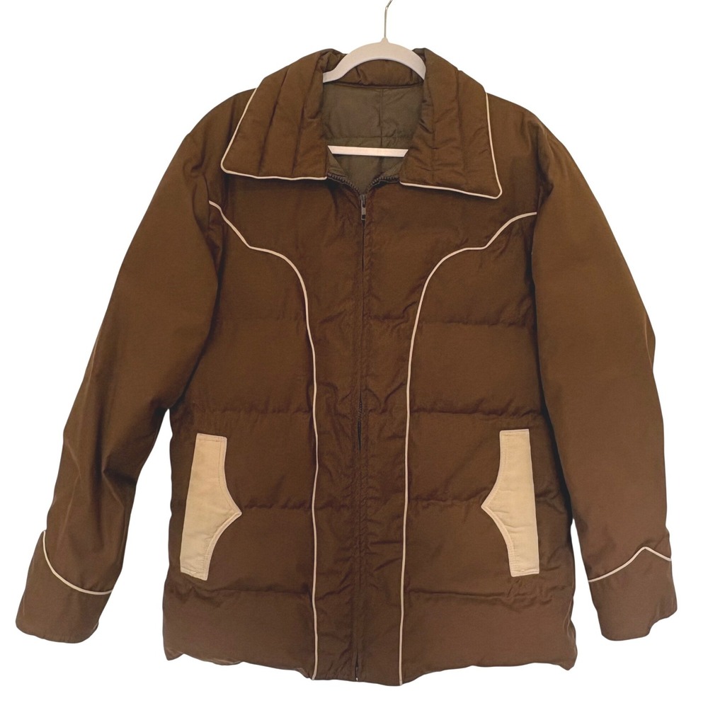 Vtg 70s‎ Comfy Goose Down Western Puffer Jacket Brown Mens M/L Womens XL Parka